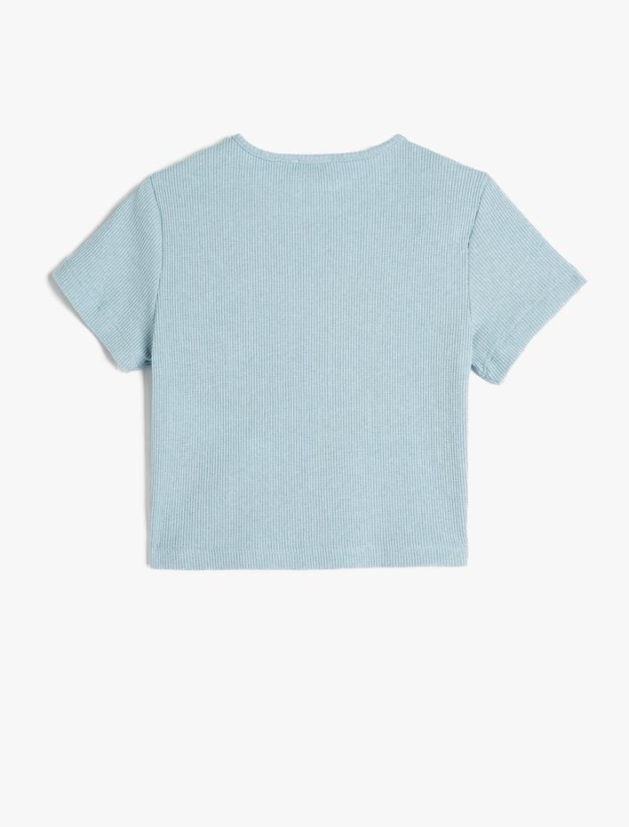 Kız Çocuk Crop Tişört Kısa Kollu Bisiklet Yaka Baskılı Fitilli