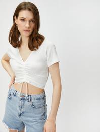 Crop Tişört V Yaka Büzgü Detaylı