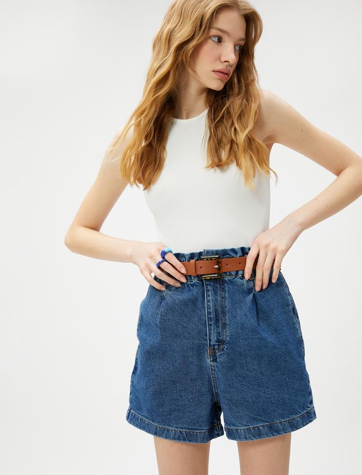  Yüksek Bel Kot Şort Kemerli Cepli Pamuklu