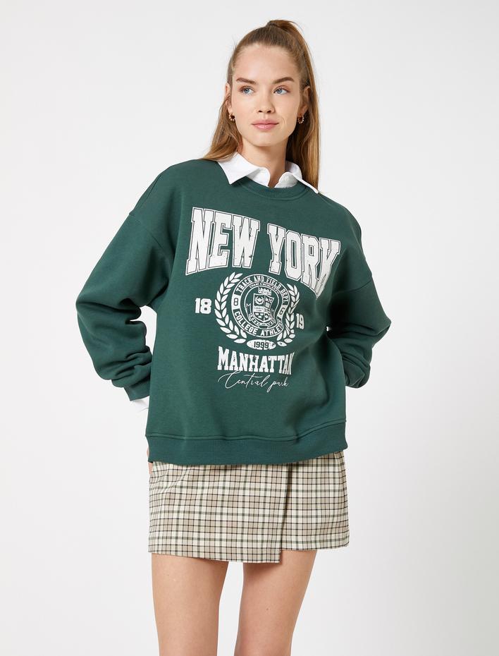  Şardonlu Kolej Sweatshirt Baskılı Bisiklet Yaka Ribanalı