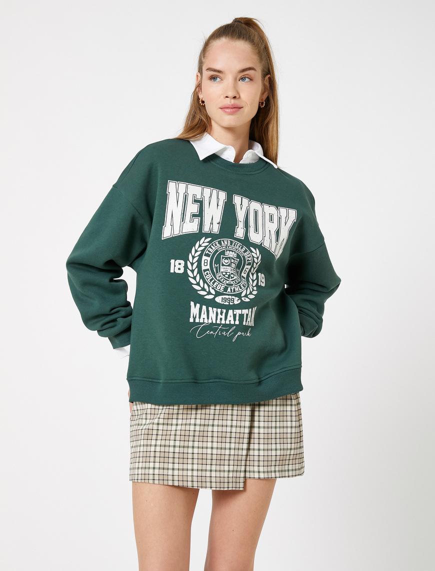  Şardonlu Kolej Sweatshirt Baskılı Bisiklet Yaka Ribanalı