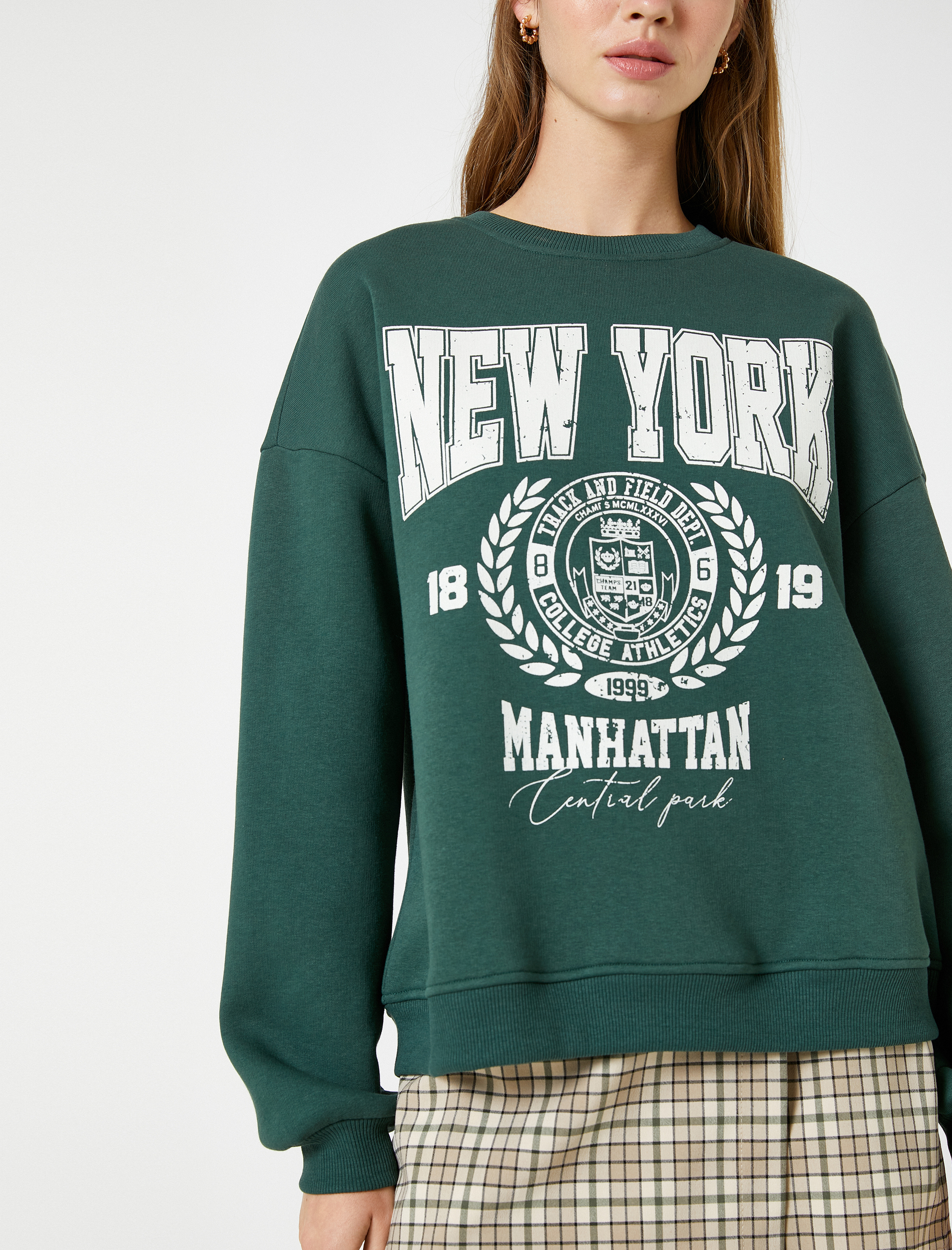   Şardonlu Kolej Sweatshirt Baskılı Bisiklet Yaka Ribanalı