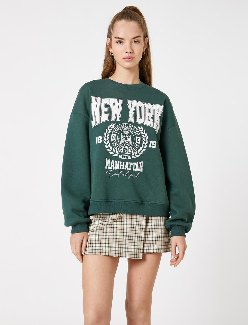  Şardonlu Kolej Sweatshirt Baskılı Bisiklet Yaka Ribanalı