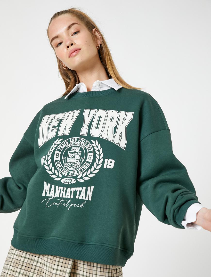   Şardonlu Kolej Sweatshirt Baskılı Bisiklet Yaka Ribanalı