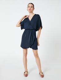 Mini Elbise Anvelop V Yaka Kısa Kollu