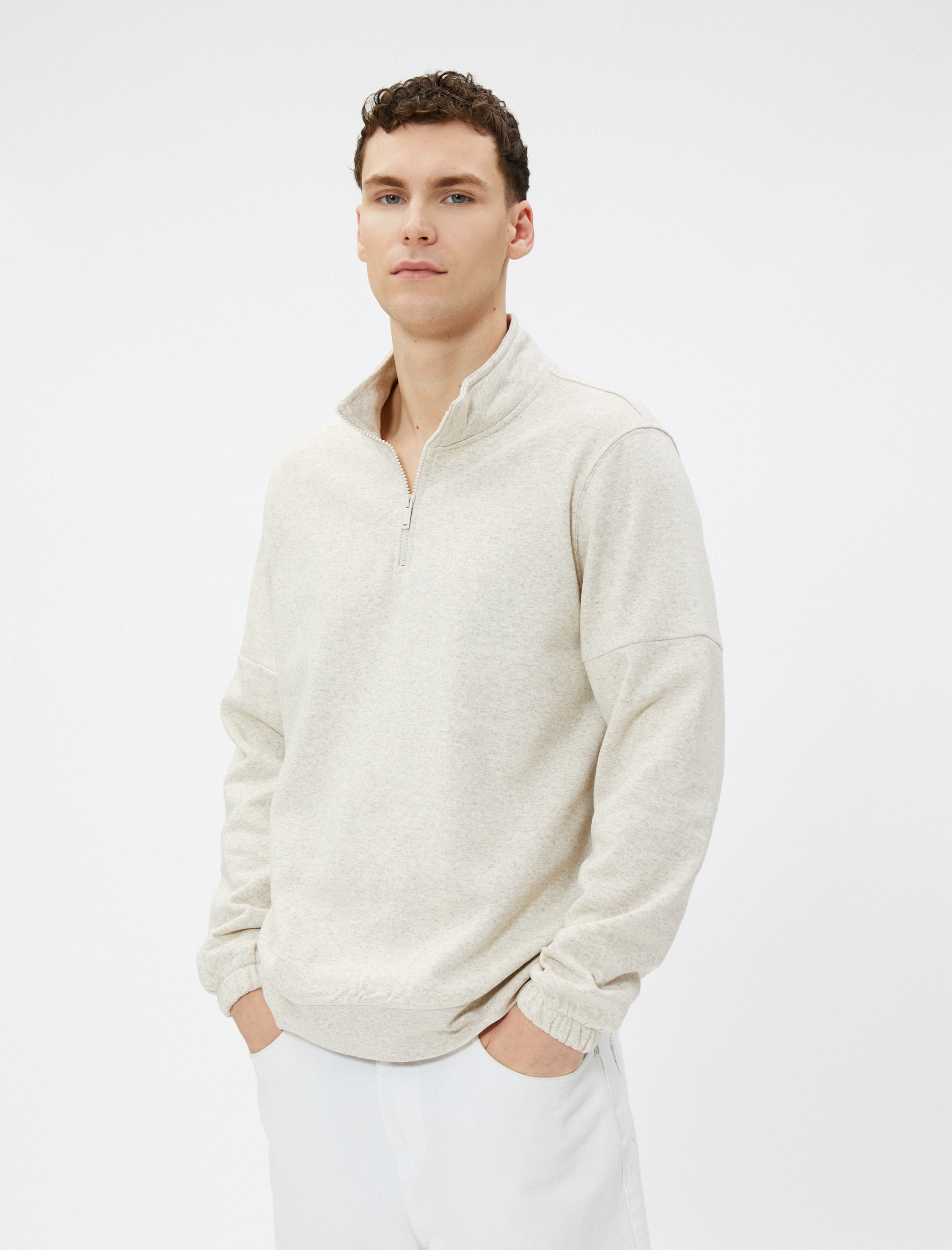   Basic Sweat Yarım Fermuarlı Dik Yaka Uzun Kollu Şardonlu