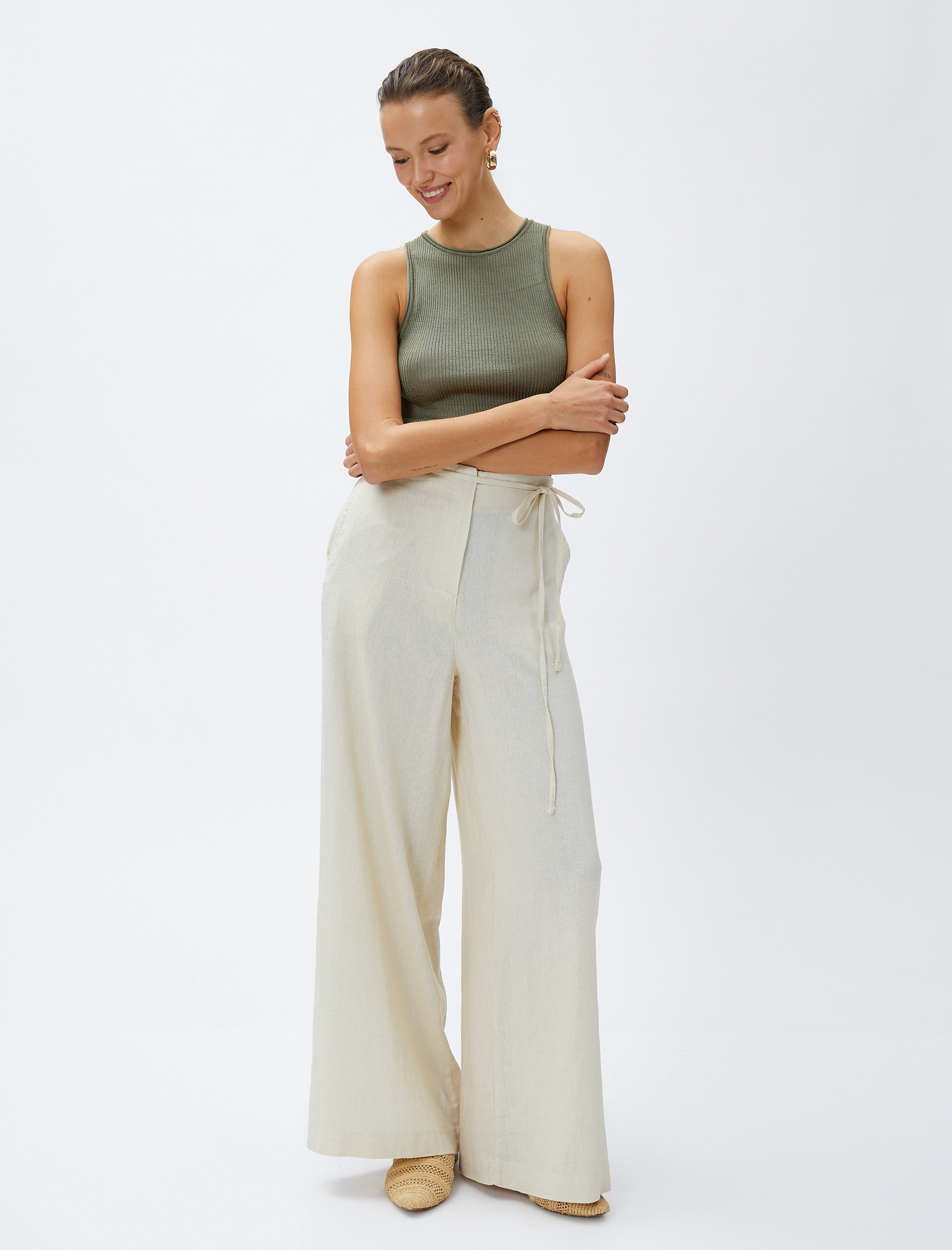   Geniş Paça Pantolon Keten Karışımlı