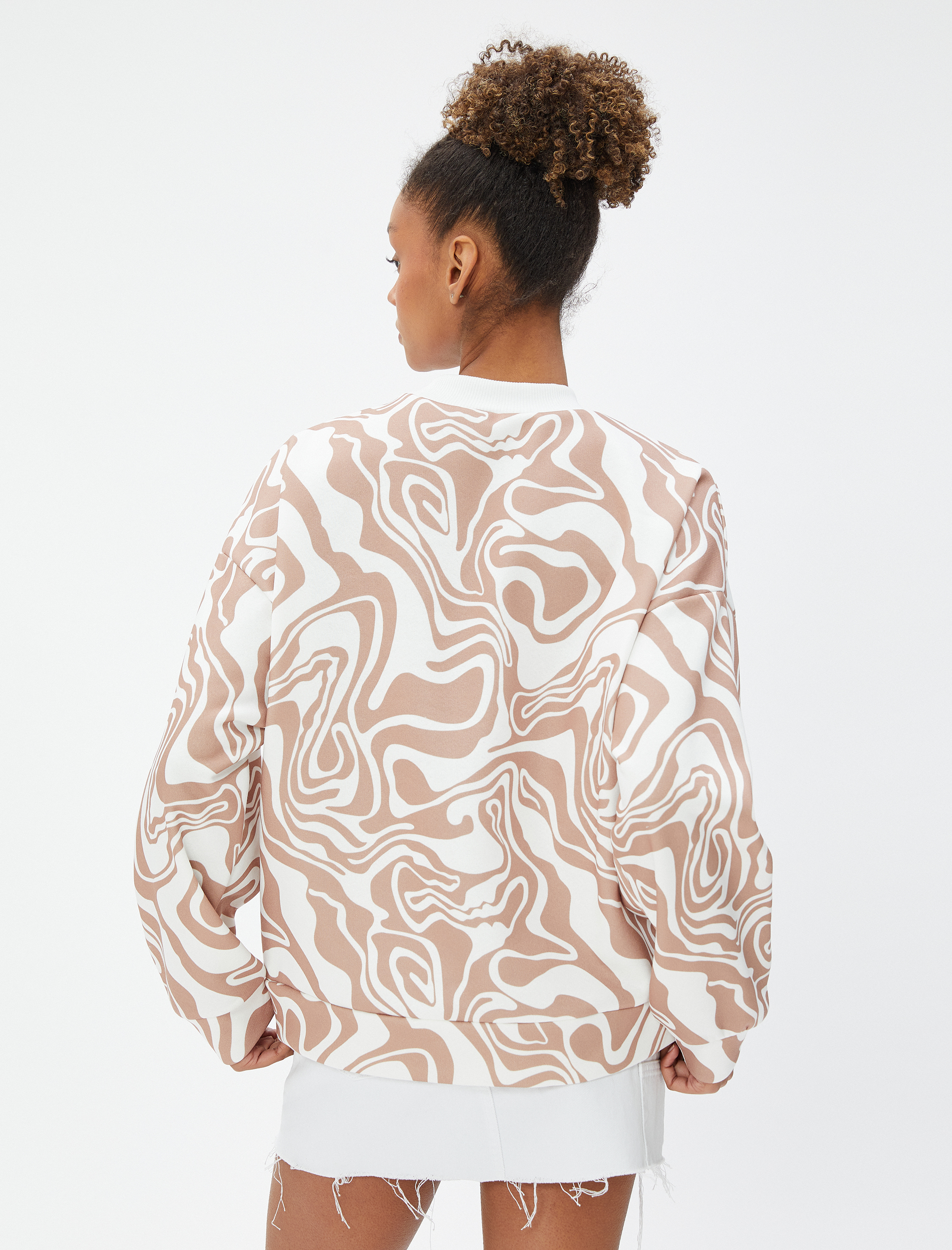   Şardonlu Bisiklet Yaka Sweatshirt Desenli Uzun Kollu Ribanalı