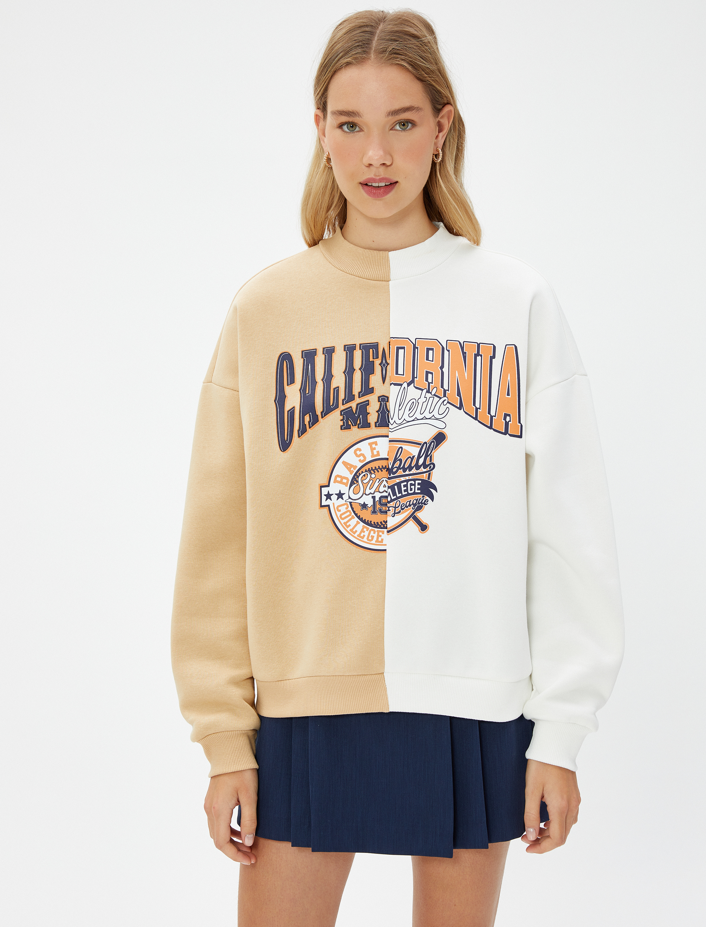   Şardonlu Bisiklet Yaka Sweatshirt Kolej Baskılı Ribanalı Renk Bloklu