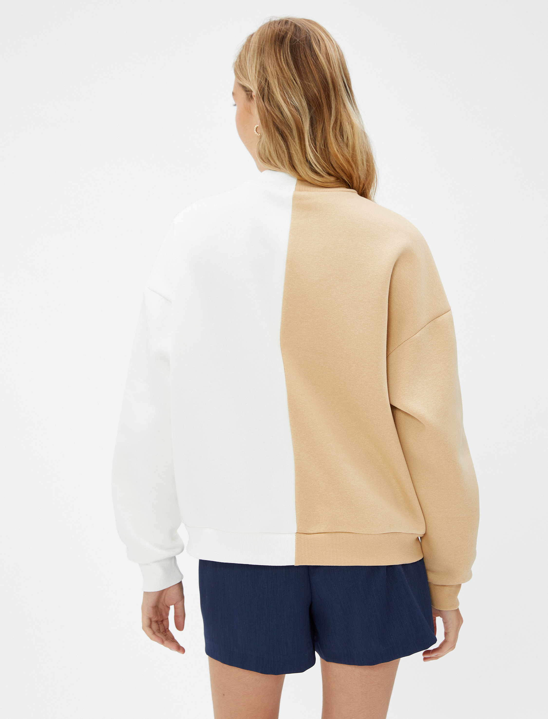   Şardonlu Bisiklet Yaka Sweatshirt Kolej Baskılı Ribanalı Renk Bloklu