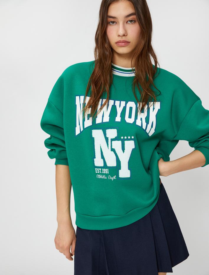  Şardonlu Kolej Sweatshirt Bisiklet Yaka Ribanalı Nakışlı