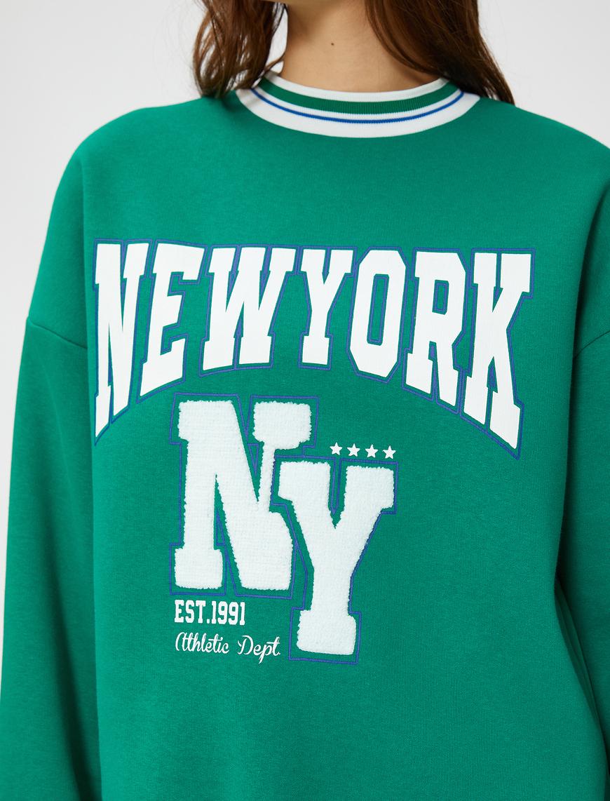   Şardonlu Kolej Sweatshirt Bisiklet Yaka Ribanalı Nakışlı