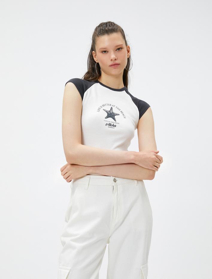  Crop Tişört Bisiklet Yaka Fitilli Baskılı Pamuklu