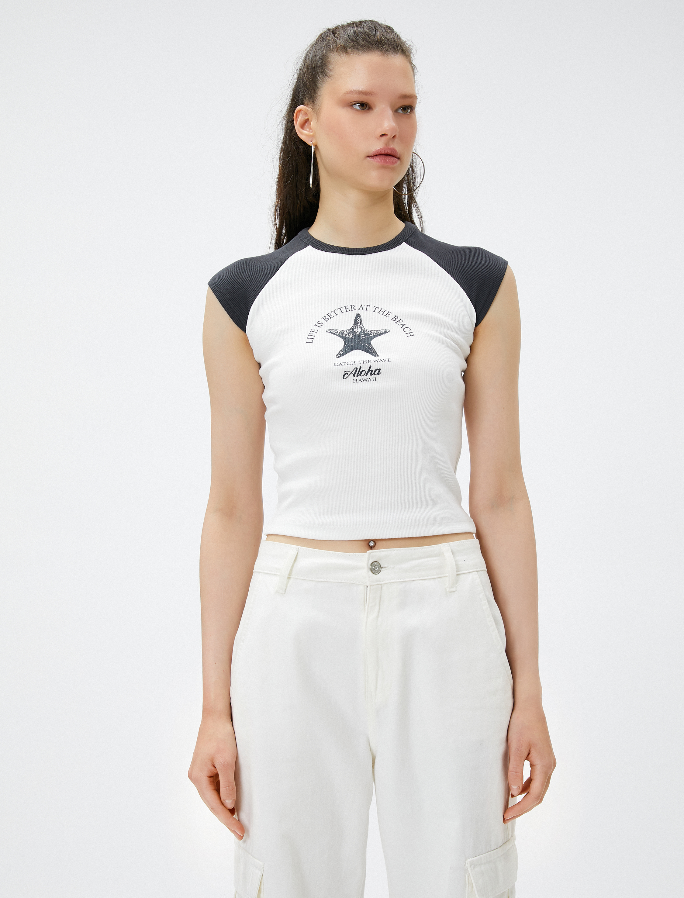   Crop Tişört Bisiklet Yaka Fitilli Baskılı Pamuklu