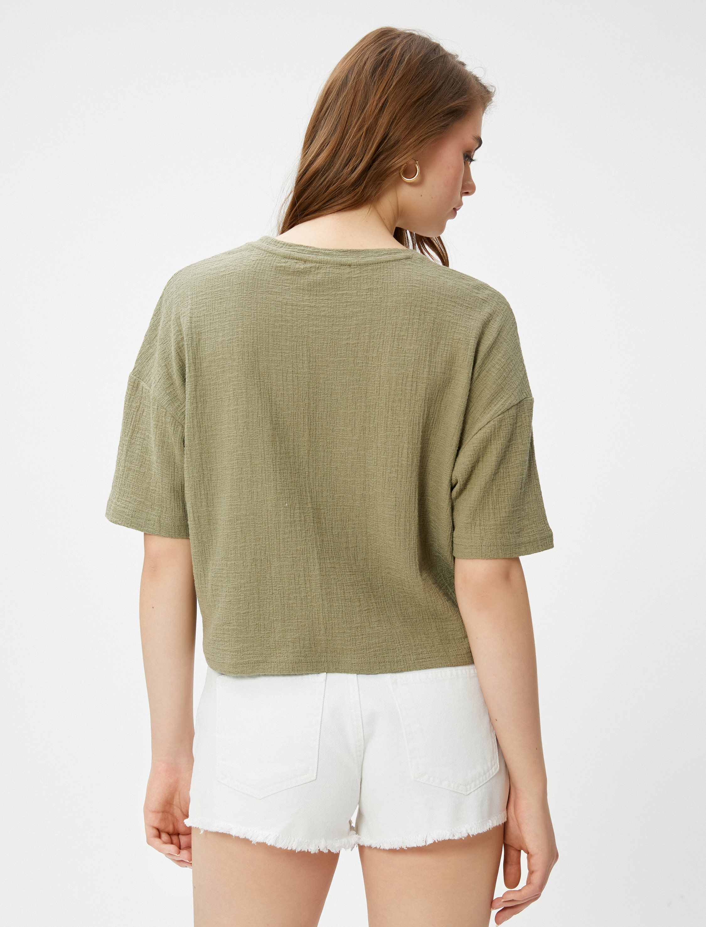   Crop Tişört Bisiklet Yaka Cep Detaylı Müslin