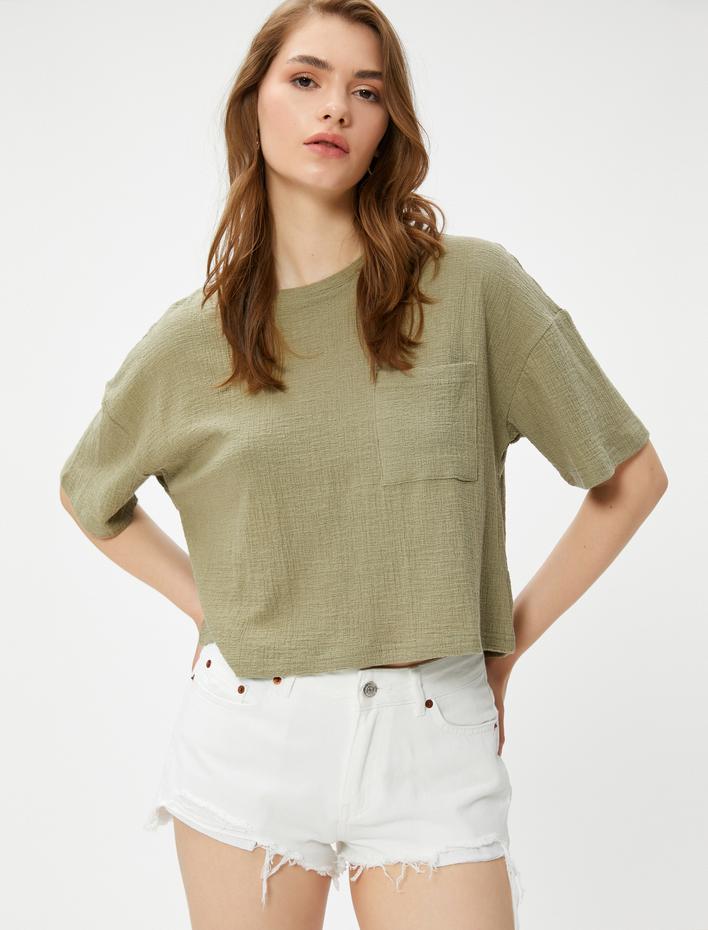  Crop Tişört Bisiklet Yaka Cep Detaylı Müslin