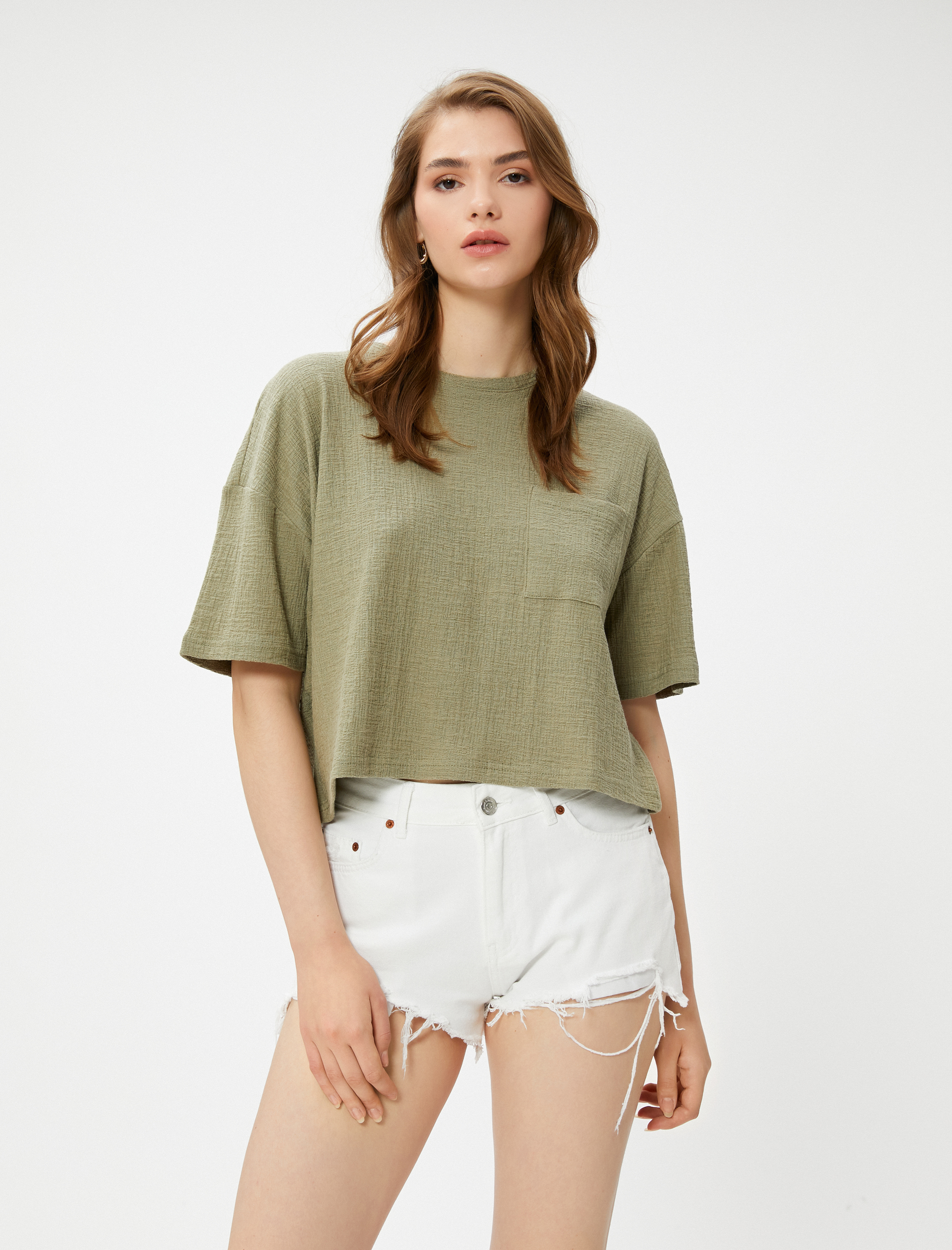   Crop Tişört Bisiklet Yaka Cep Detaylı Müslin