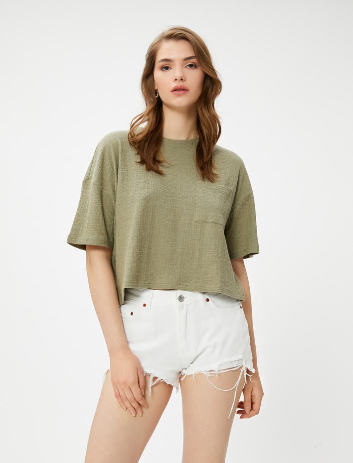  Crop Tişört Bisiklet Yaka Cep Detaylı Müslin