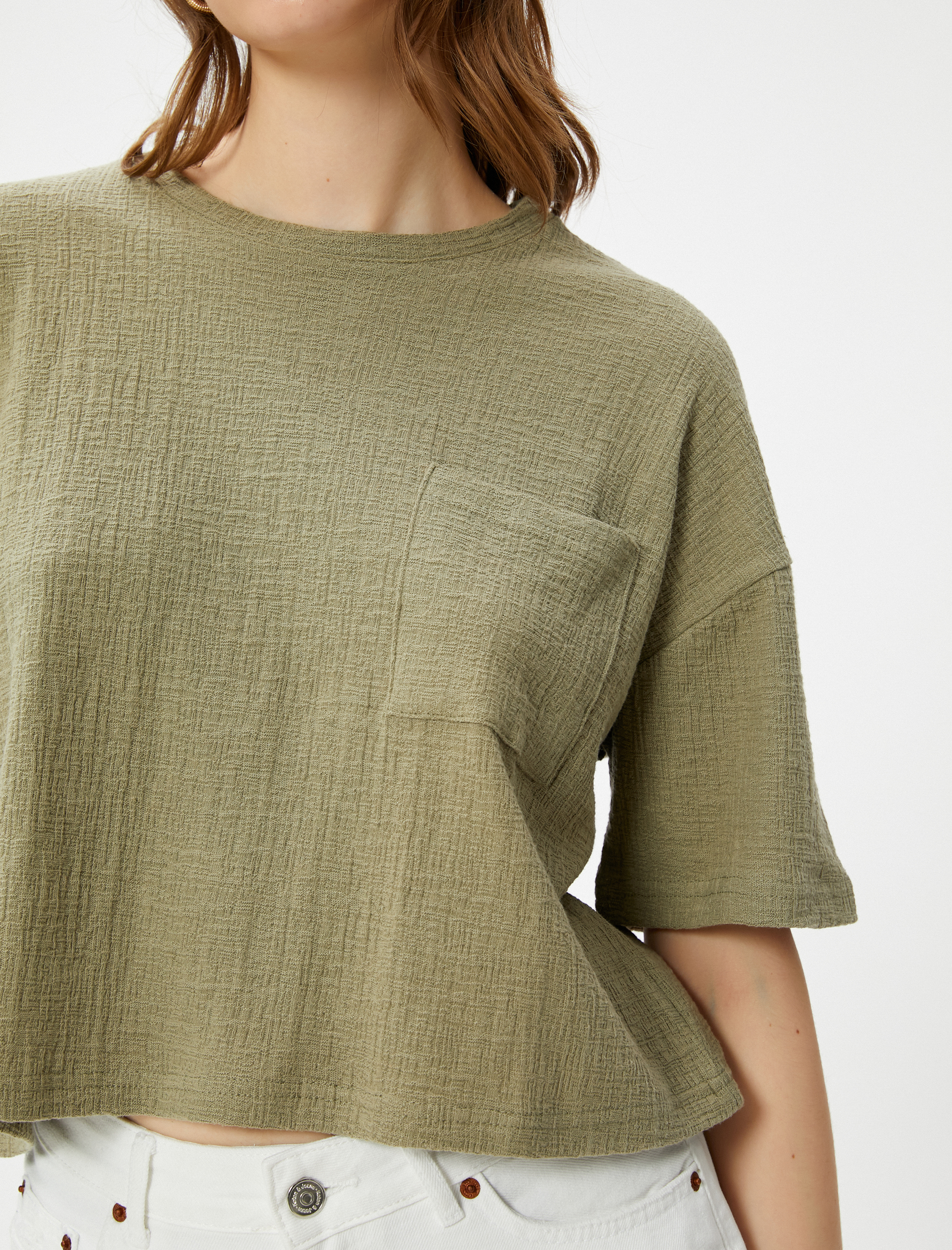   Crop Tişört Bisiklet Yaka Cep Detaylı Müslin