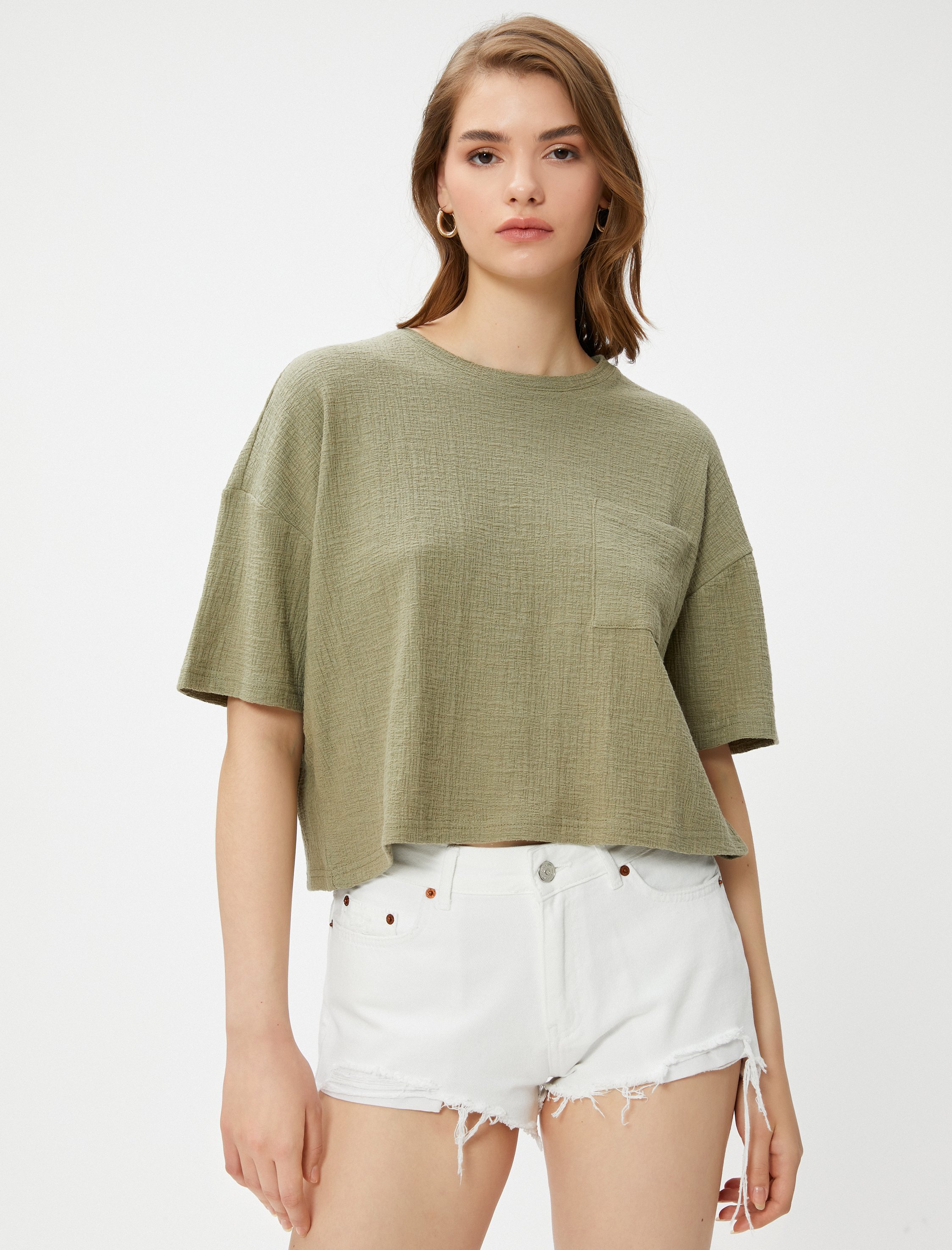   Crop Tişört Bisiklet Yaka Cep Detaylı Müslin