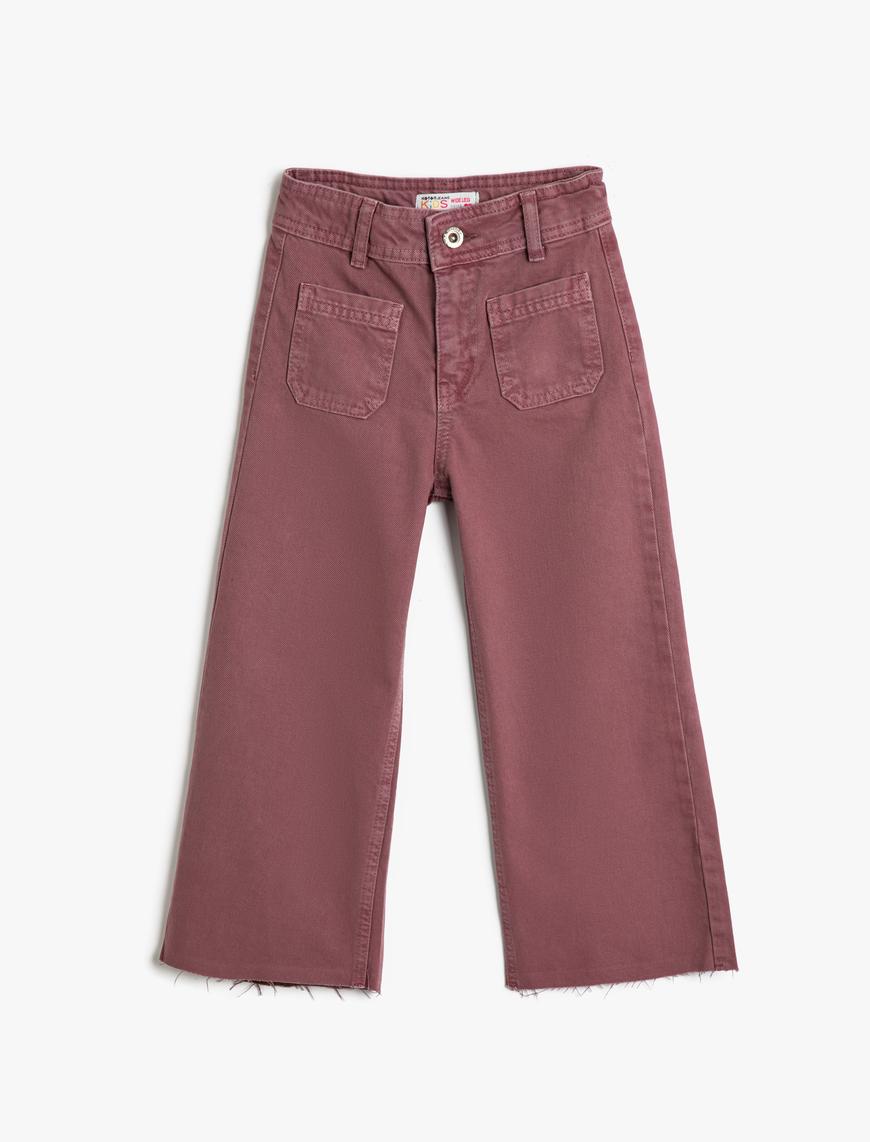  Kız Çocuk Kot Pantolon Bol Paça  Cep Detaylı Pamuklu - Wide Leg Jean