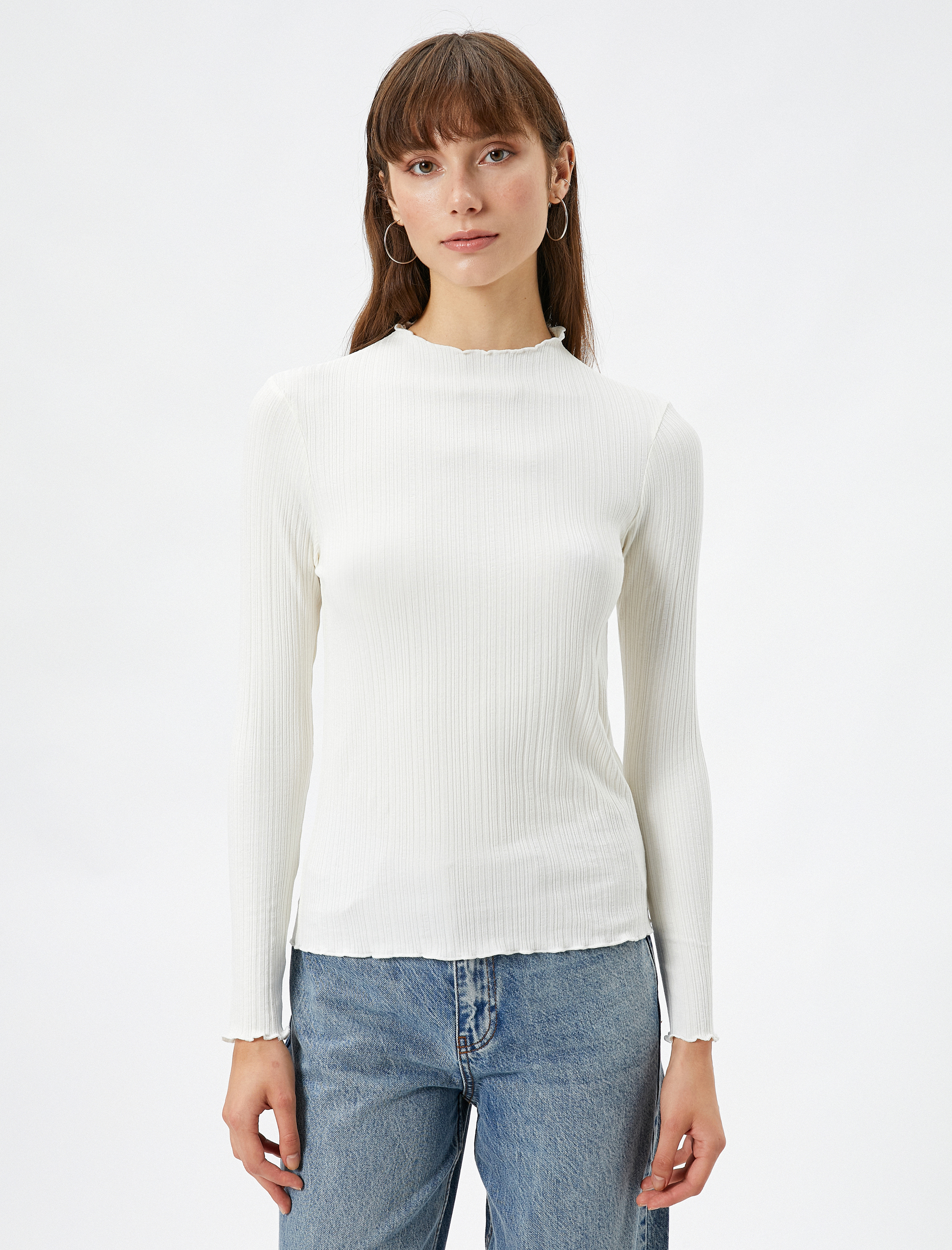   Uzun Kollu Tişört Fitilli Bisiklet Yaka Dar Kesim