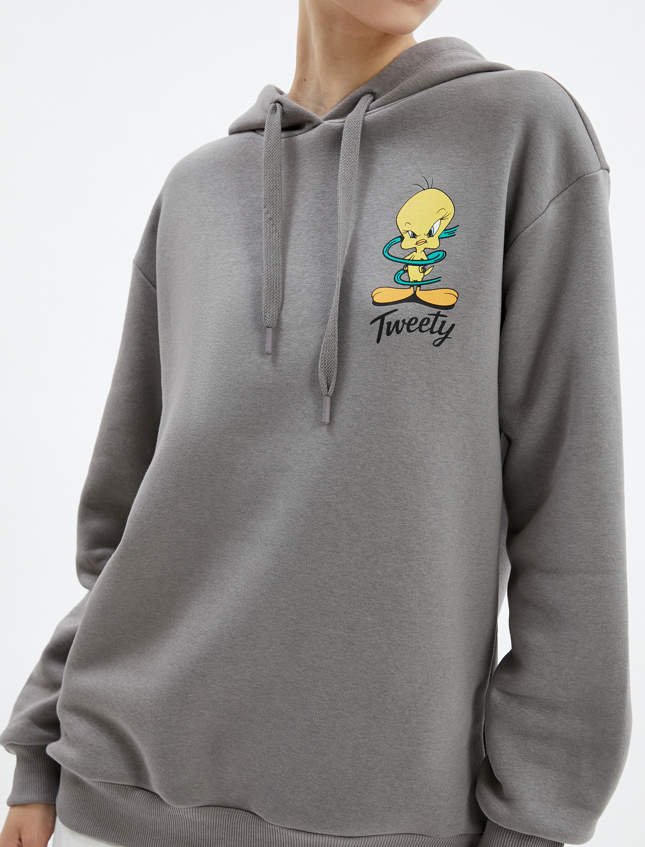   Tweety Kapşonlu Sweatshirt Arkası Baskılı Lisanslı Şardonlu Rahat Kesim