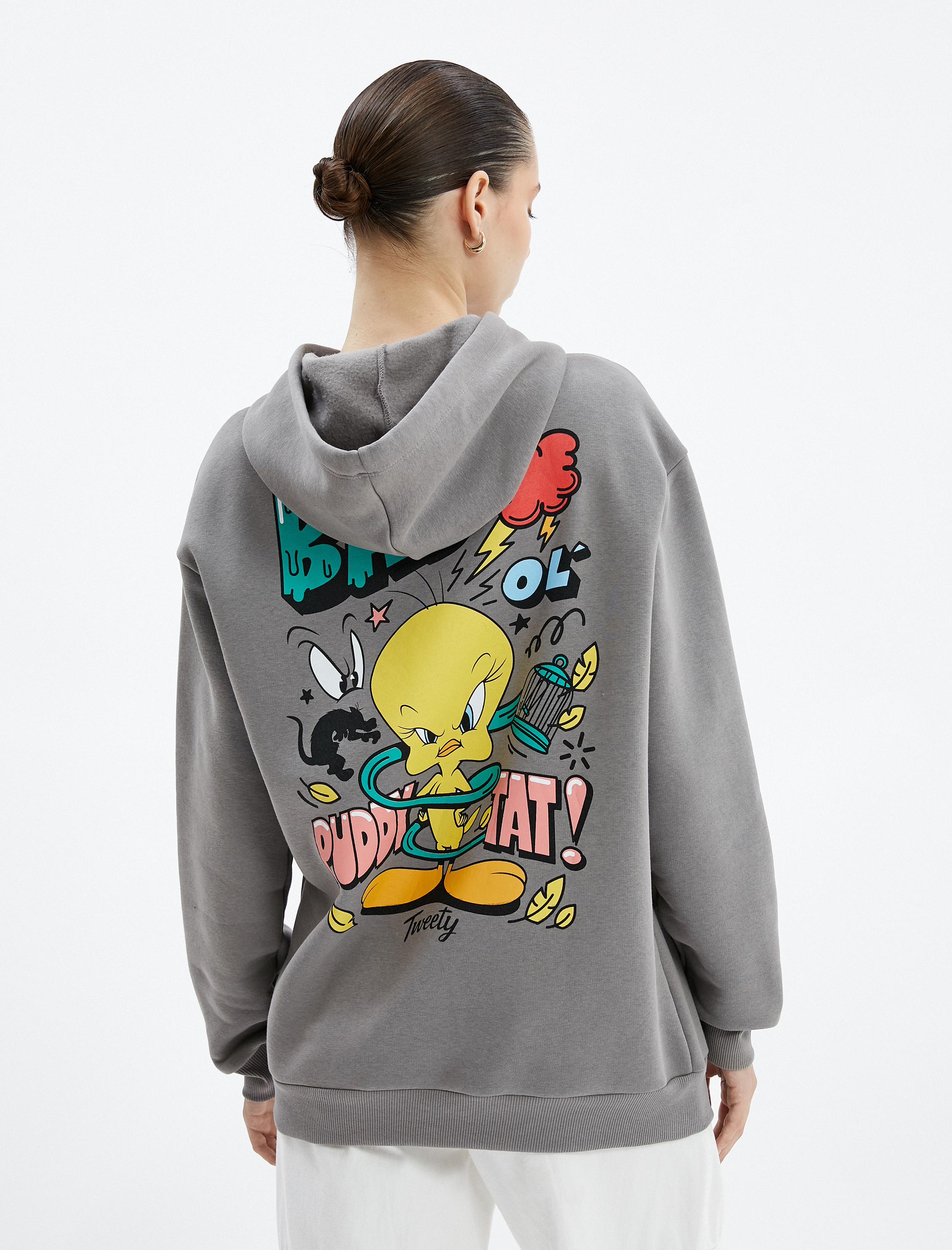   Tweety Kapşonlu Sweatshirt Arkası Baskılı Lisanslı Şardonlu Rahat Kesim
