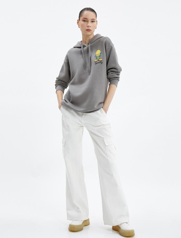  Tweety Kapşonlu Sweatshirt Arkası Baskılı Lisanslı Şardonlu Rahat Kesim