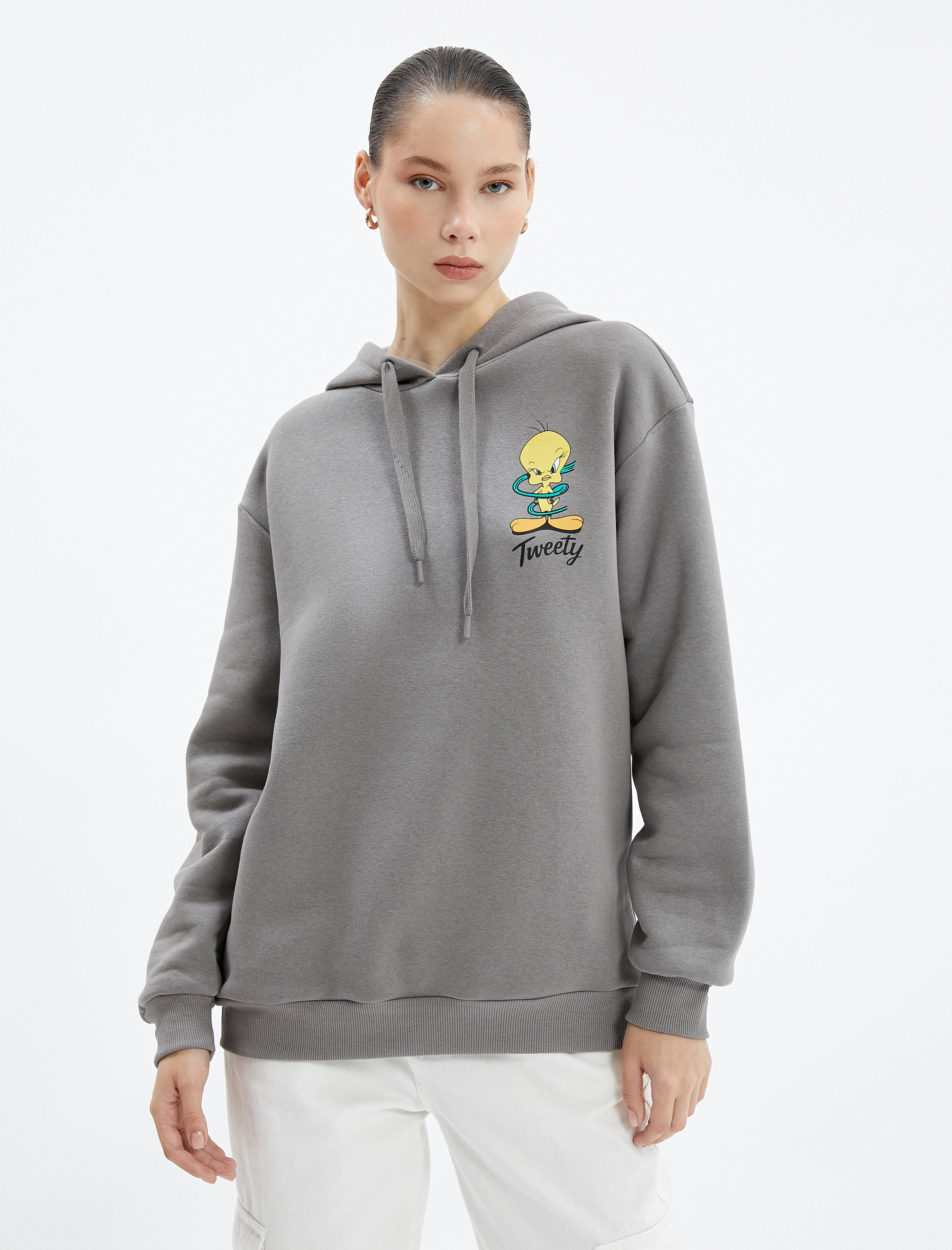   Tweety Kapşonlu Sweatshirt Arkası Baskılı Lisanslı Şardonlu Rahat Kesim