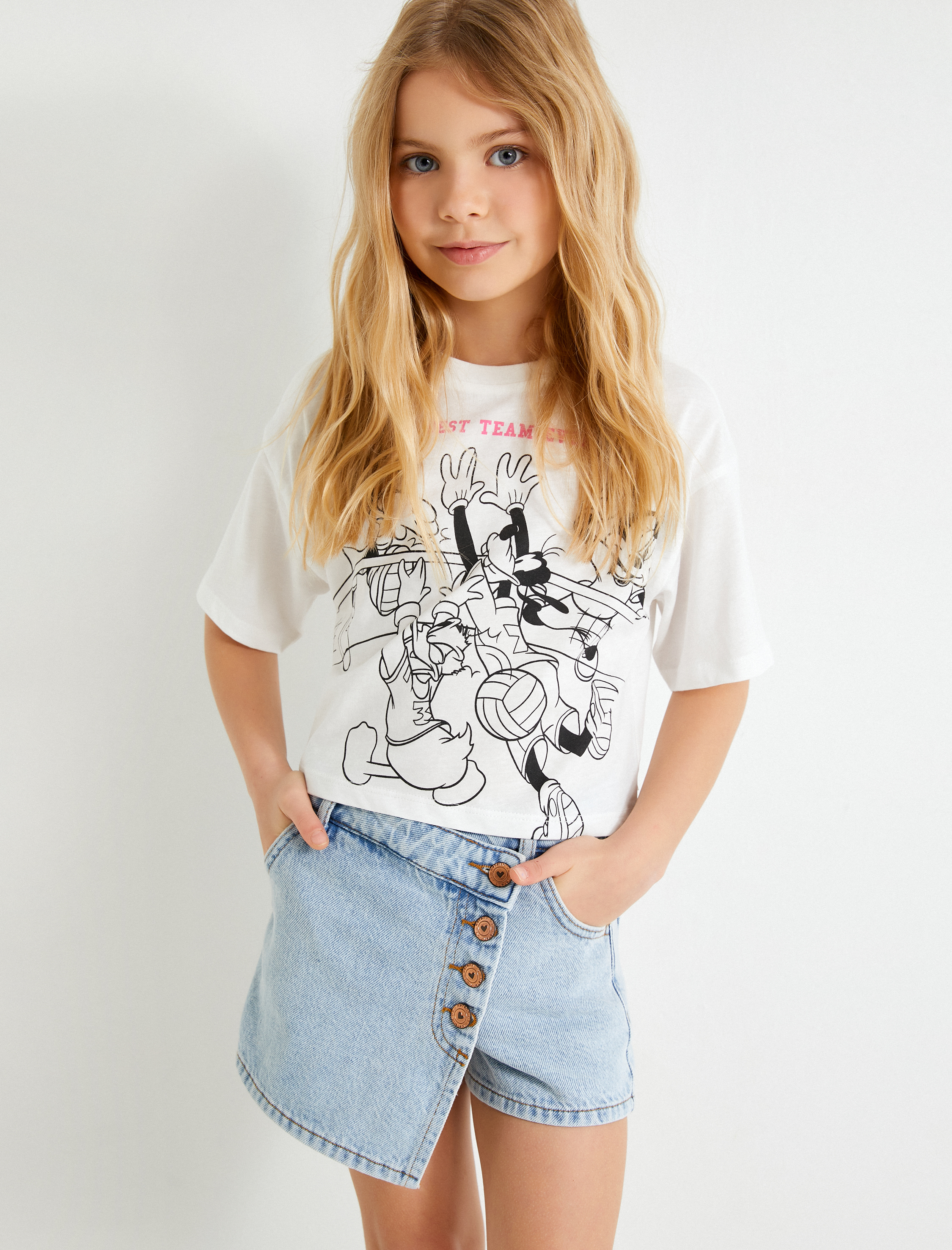  Kız Çocuk Kot Şort Etek Cepli Düğmeli Kruvaze Pamuklu