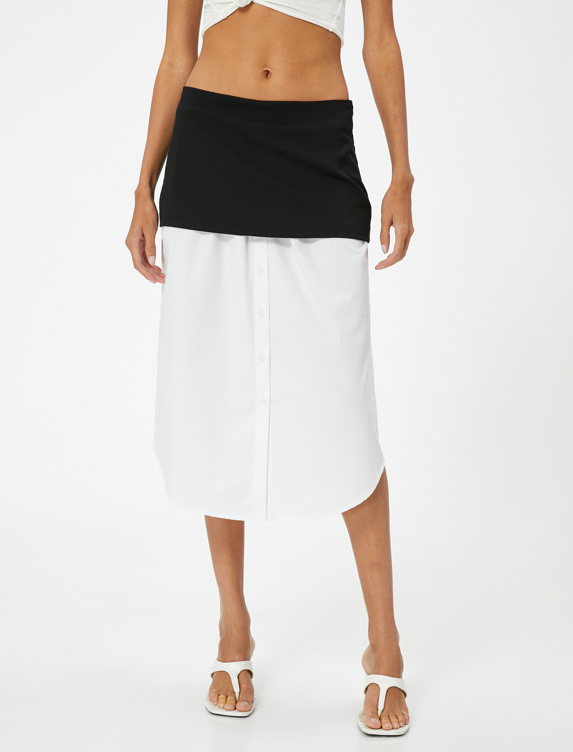   Asimetrik Midi Boy Etek Gömlek Etek Ucu Detaylı Rahat Kalıp Renk Kontrastlı