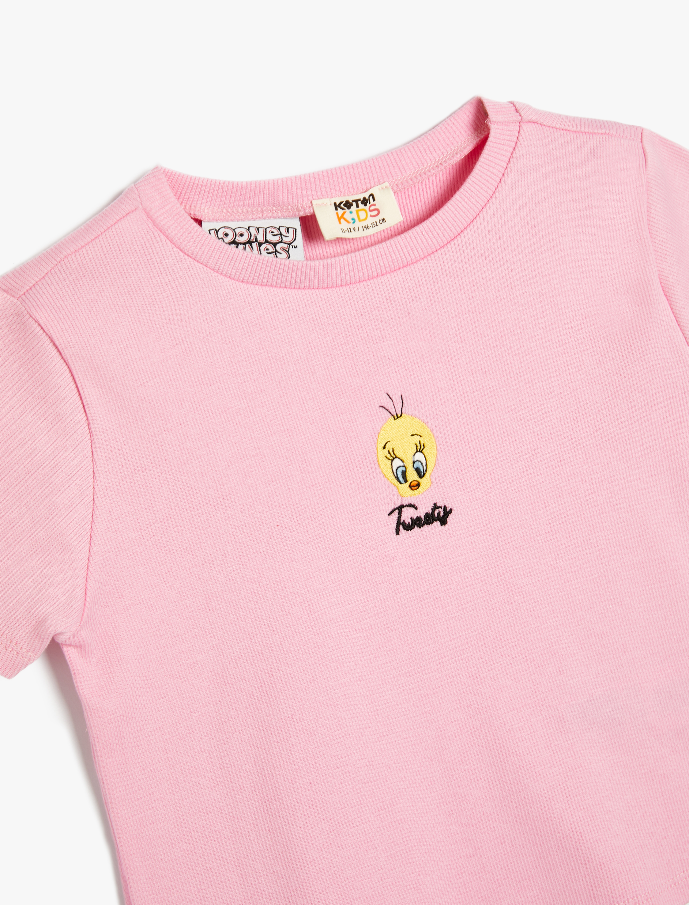  Kız Çocuk Tweety Crop Tişört Lisanslı Kısa Kollu Bisiklet Yaka Pamuklu