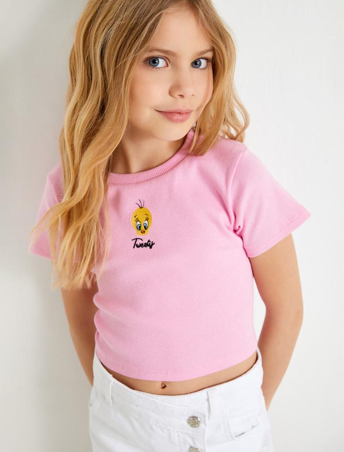 Kız Çocuk Tweety Crop Tişört Lisanslı Kısa Kollu Bisiklet Yaka Pamuklu