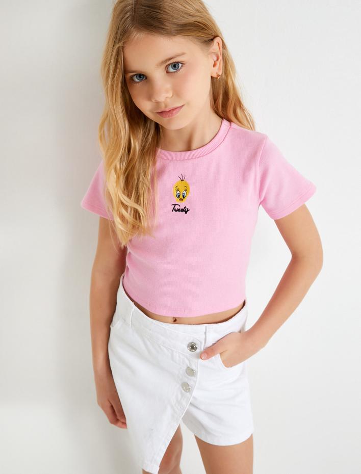 Kız Çocuk Tweety Crop Tişört Lisanslı Kısa Kollu Bisiklet Yaka Pamuklu