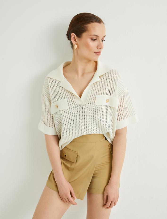  Kroşe Tişört Polo Yaka Kısa Kollu Düğmeli