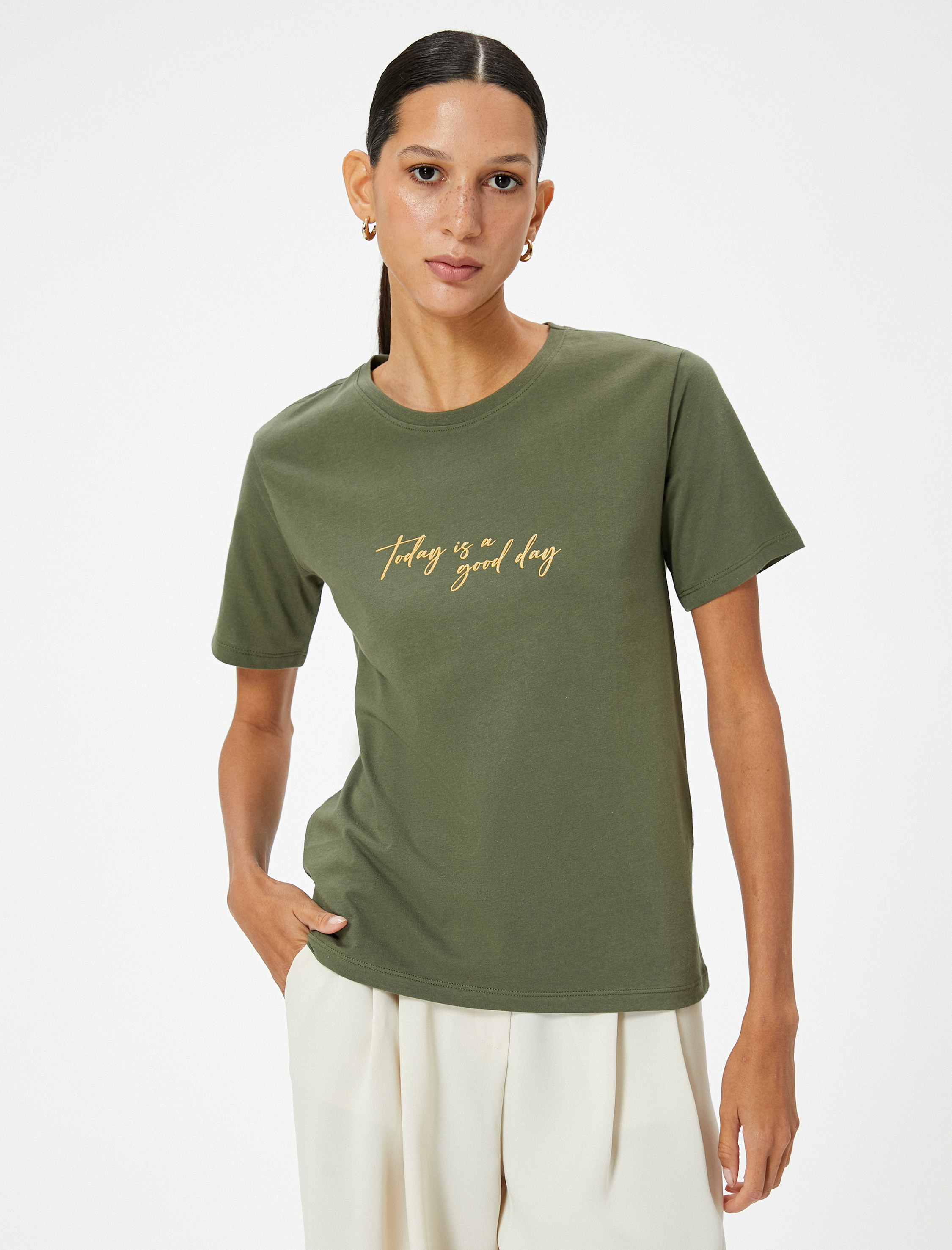   Baskılı Tişört Bisiklet Yaka Kısa Kollu Pamuklu