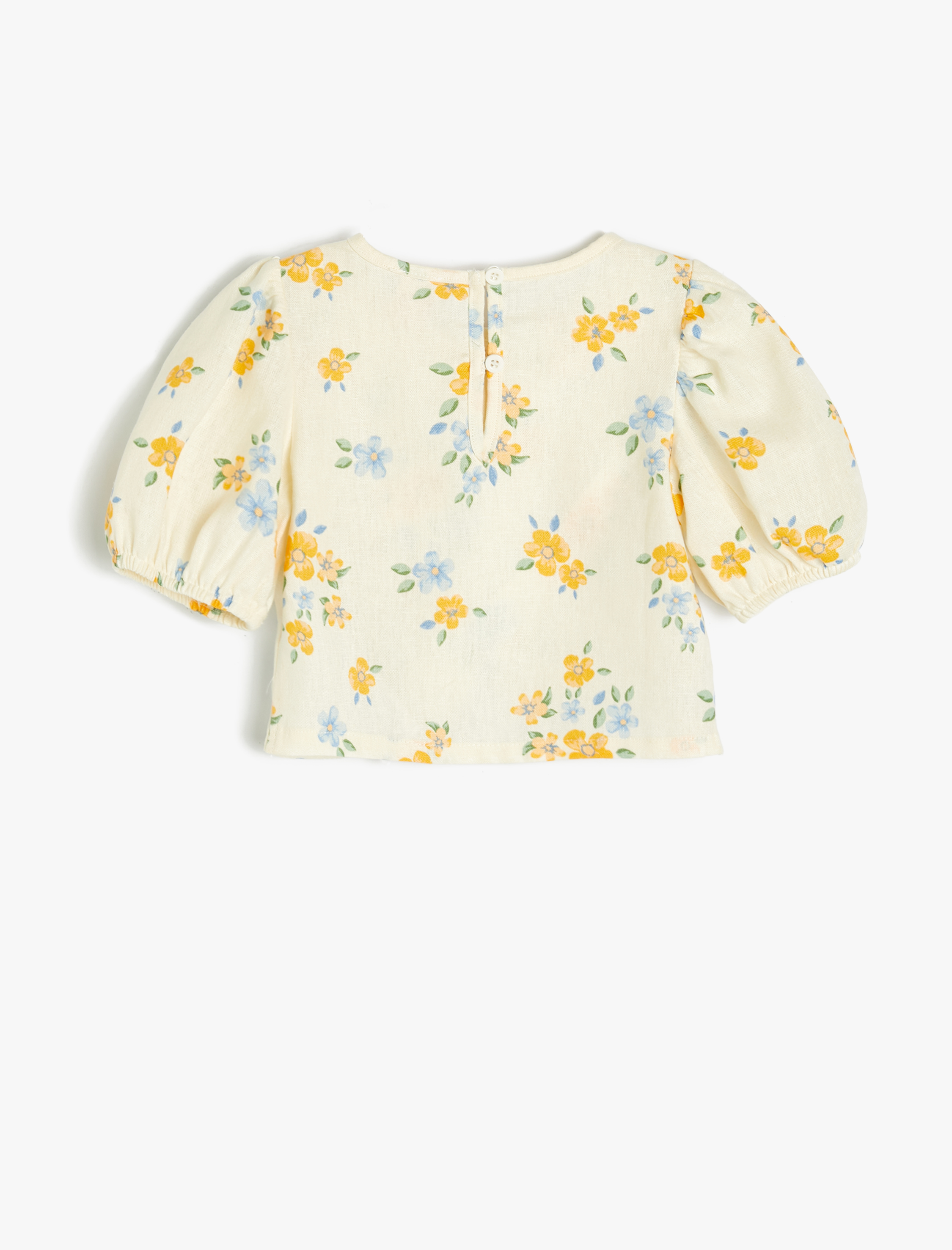  Kız Bebek Çiçekli Keten Bluz Asimetrik Kesim Balon Kollu Yuvarlak Yaka