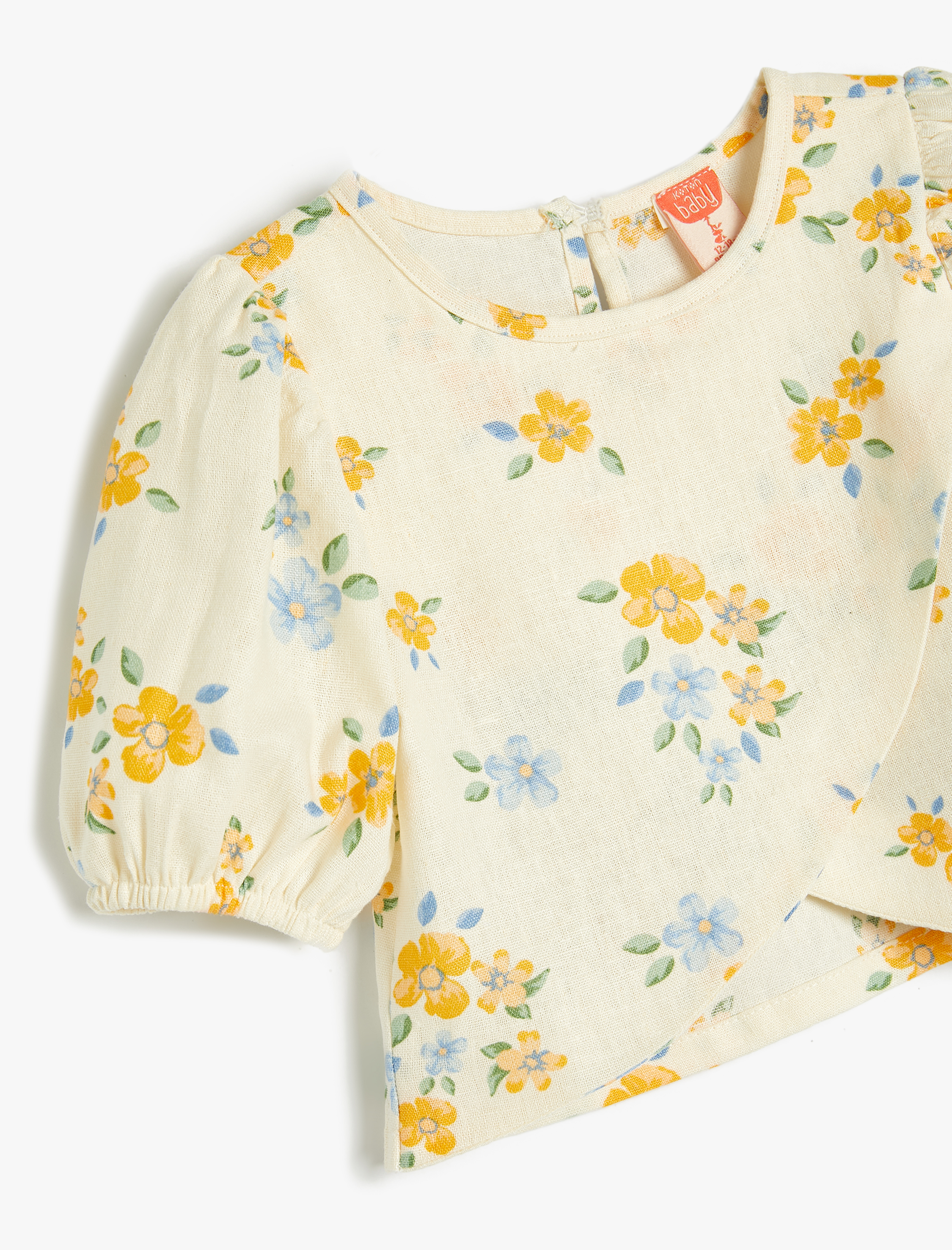  Kız Bebek Çiçekli Keten Bluz Asimetrik Kesim Balon Kollu Yuvarlak Yaka