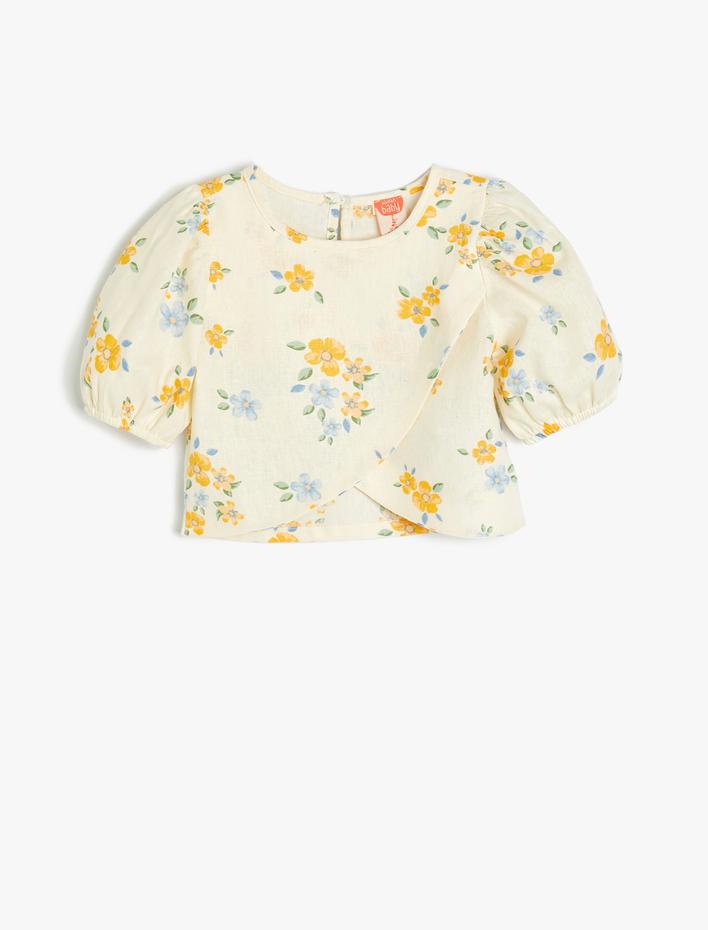 Kız Bebek Çiçekli Keten Bluz Asimetrik Kesim Balon Kollu Yuvarlak Yaka