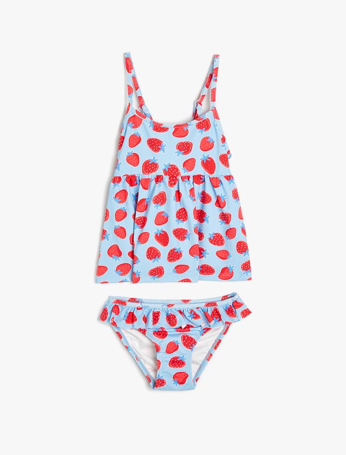 Kız Çocuk Bikini Seti Askılı Uzun Üst ve Fırfırlı Alt