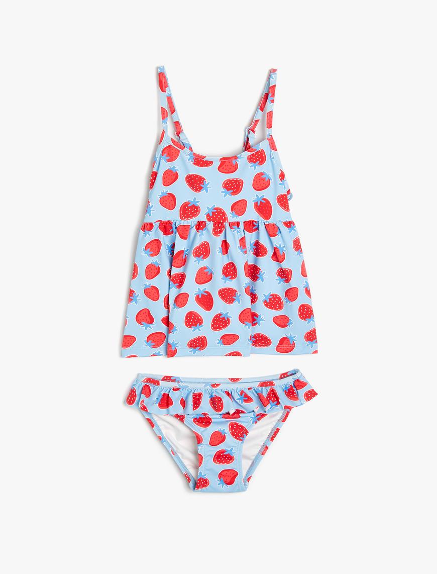  Kız Çocuk Bikini Seti Askılı Uzun Üst ve Fırfırlı Alt