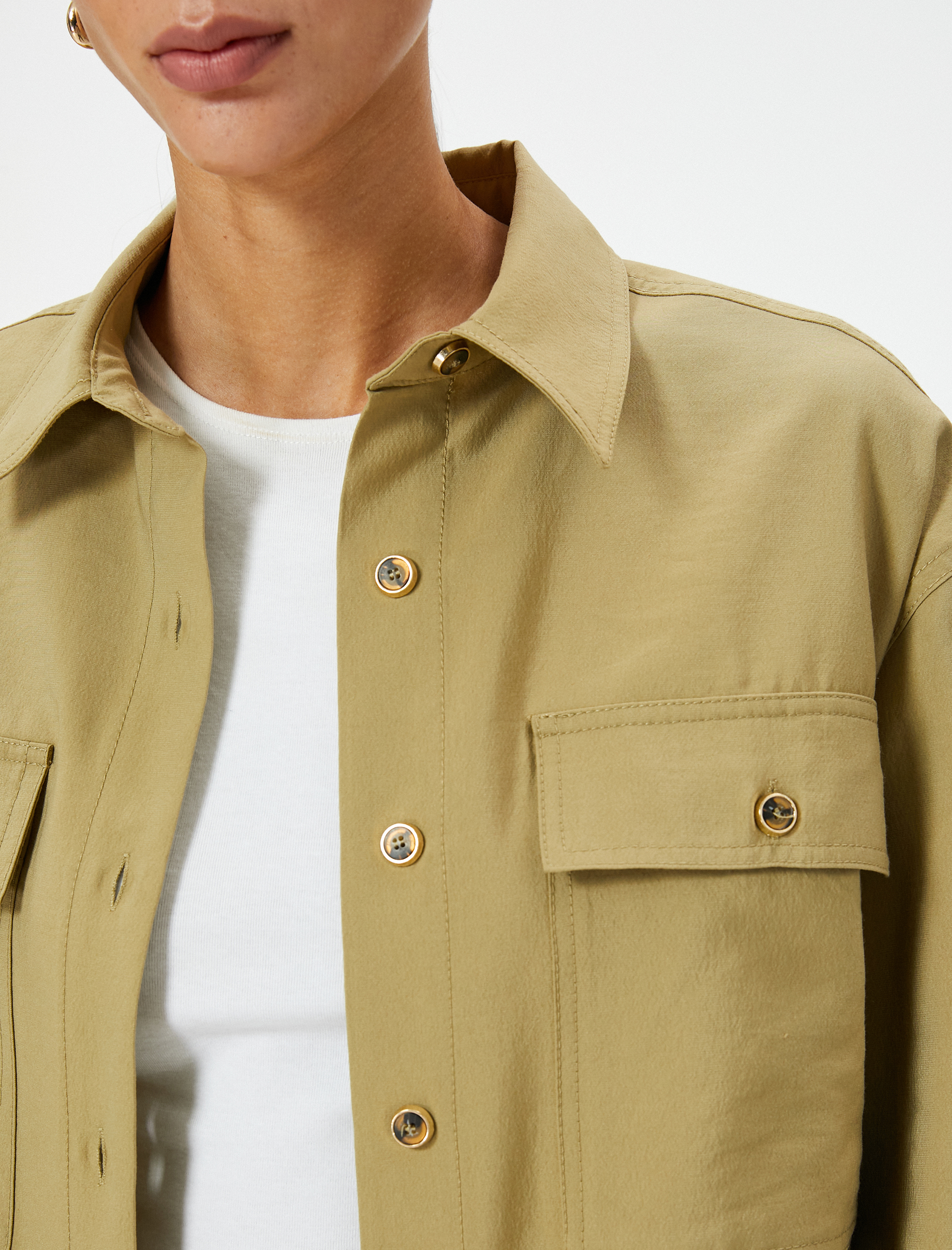   Uzun Kollu Gömlek Düğmeli Kapaklı Cepli Modal Karışımlı