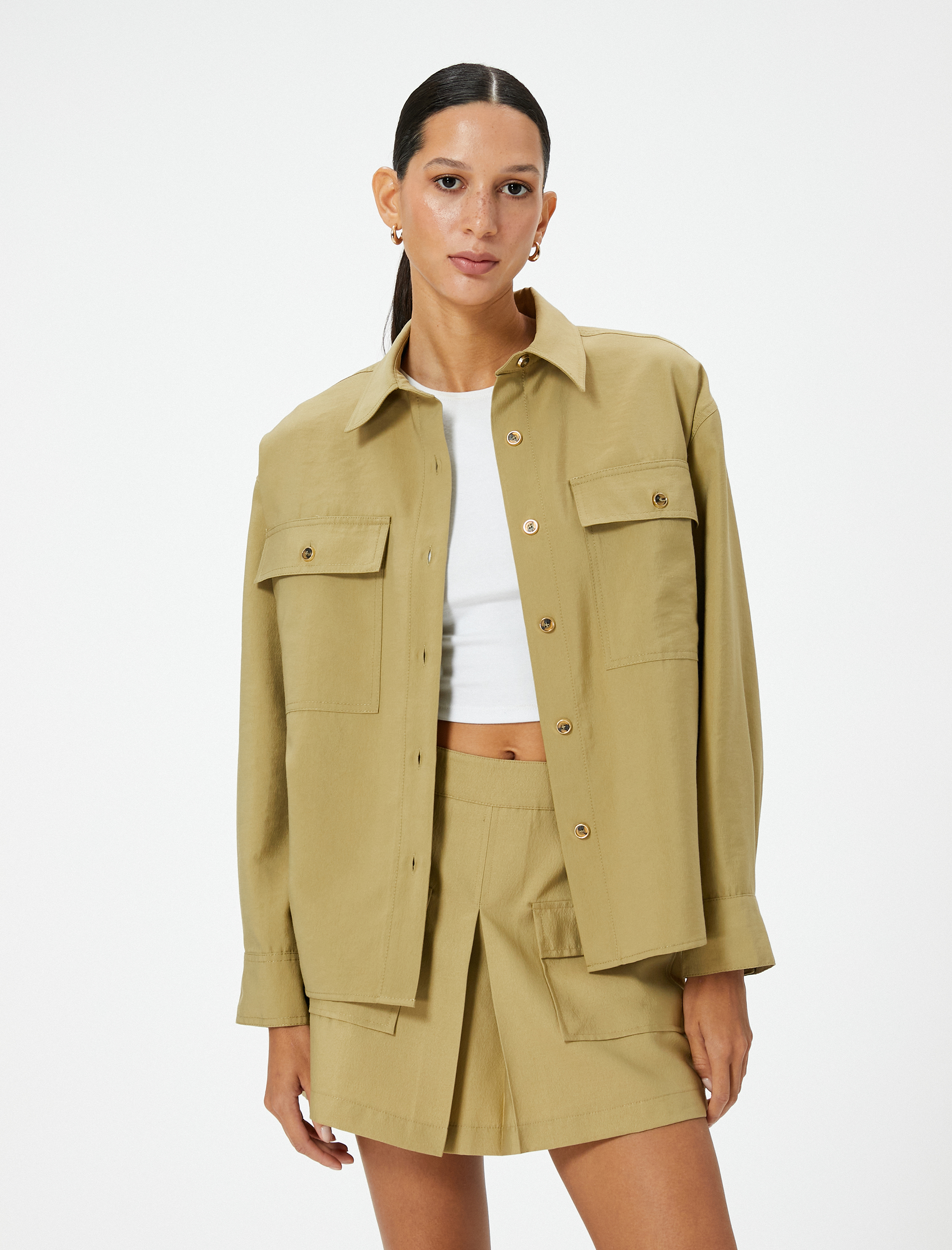   Uzun Kollu Gömlek Düğmeli Kapaklı Cepli Modal Karışımlı