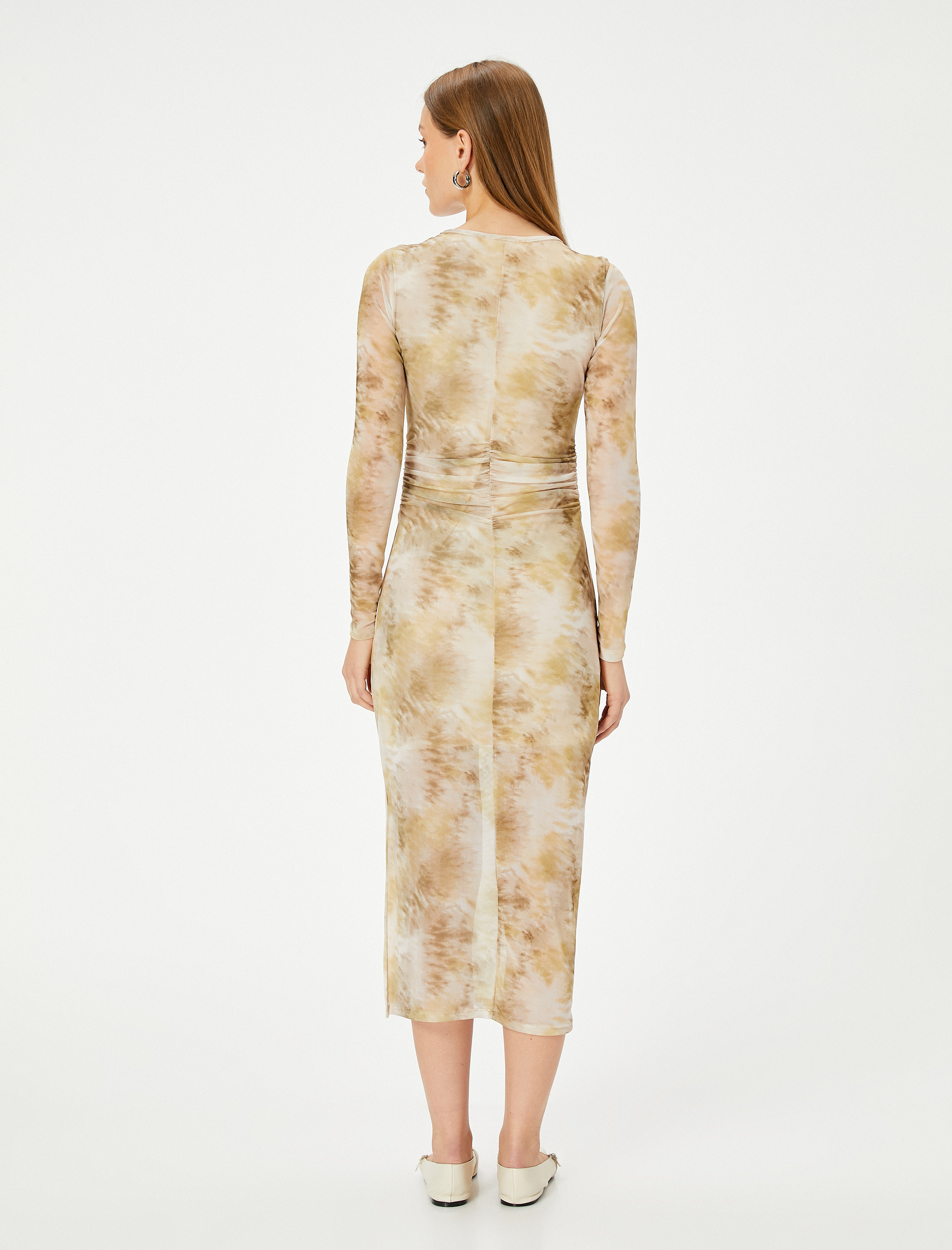   Midi Elbise Uzun Kollu Bisiklet Yaka Drapeli