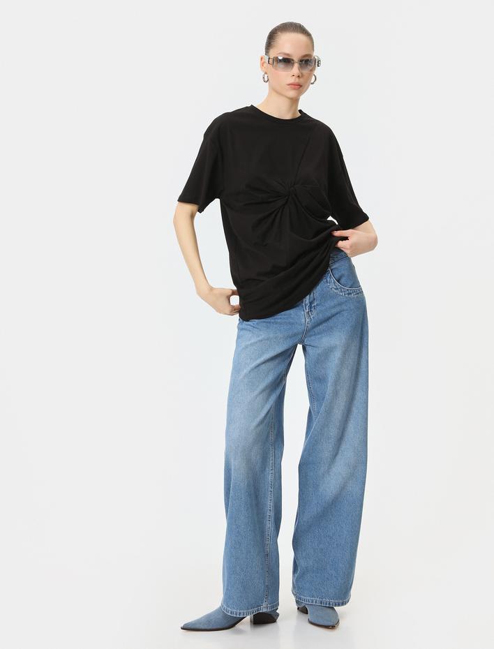  Düğüm Detaylı Tişört Kısa Kollu Bisiklet Yaka Uzun Rahat Kalıp