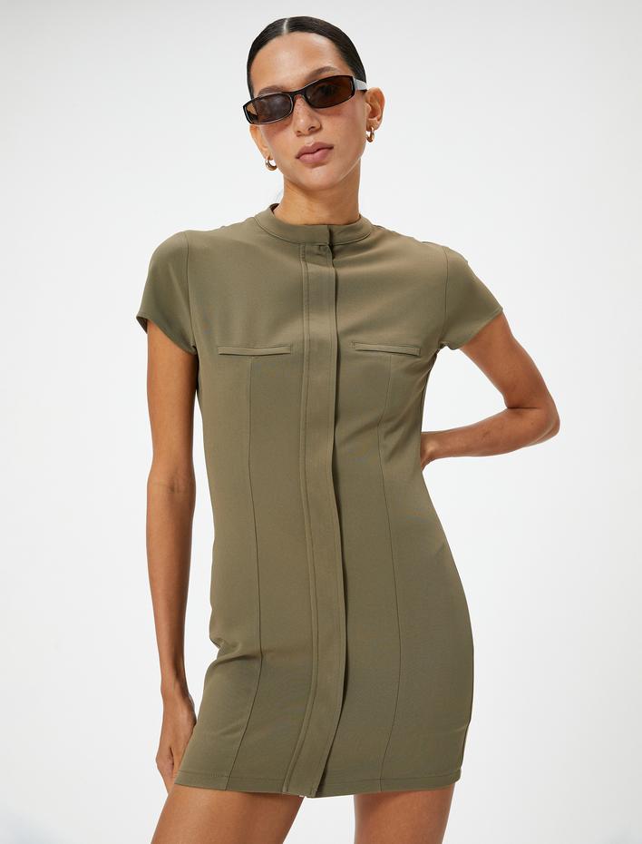  Mini Elbise Hakim Yaka Kısa Kollu Fleto Cepli