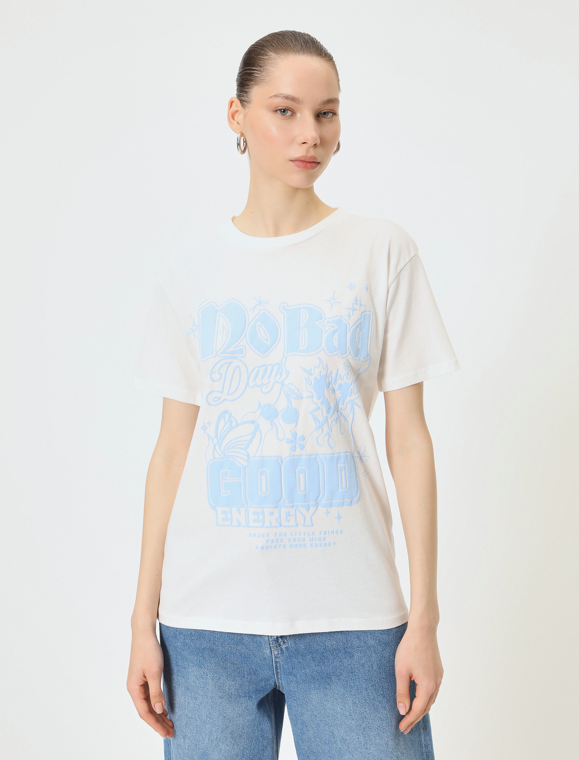   Baskılı Tişört Kısa Kollu Bisiklet Yaka Rahat Kalıp