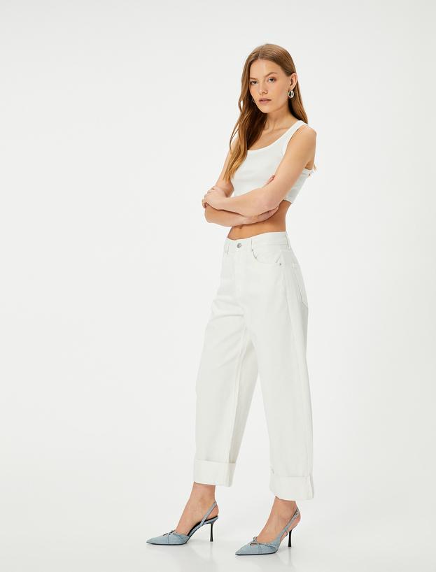 Yüksek Bel Kot Pantolon Katmanlı Düz Paça Cepli - Barrel Fit Jeans_0