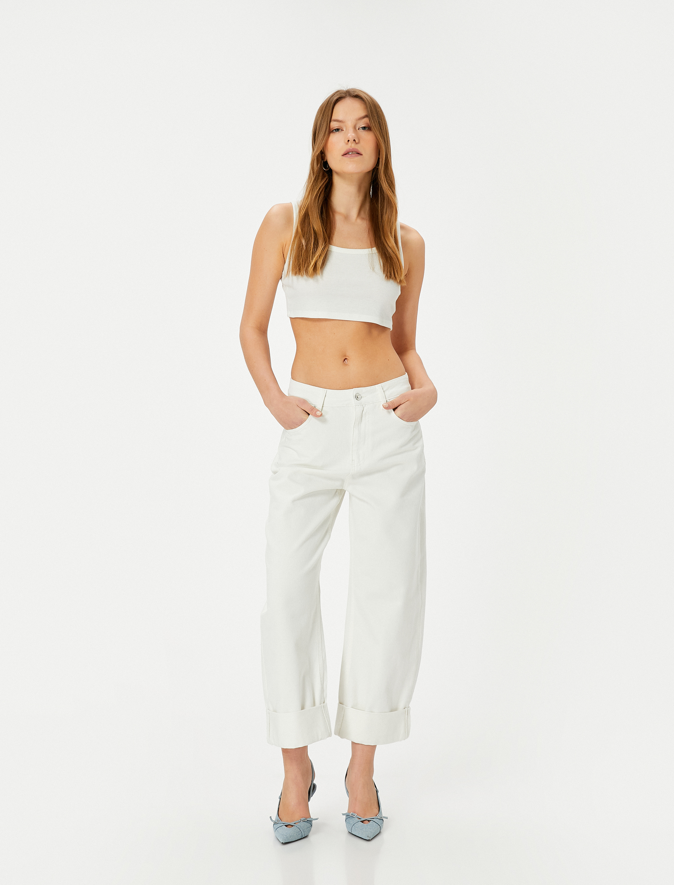   Yüksek Bel Kot Pantolon Katmanlı Düz Paça Cepli - Barrel Fit Jeans